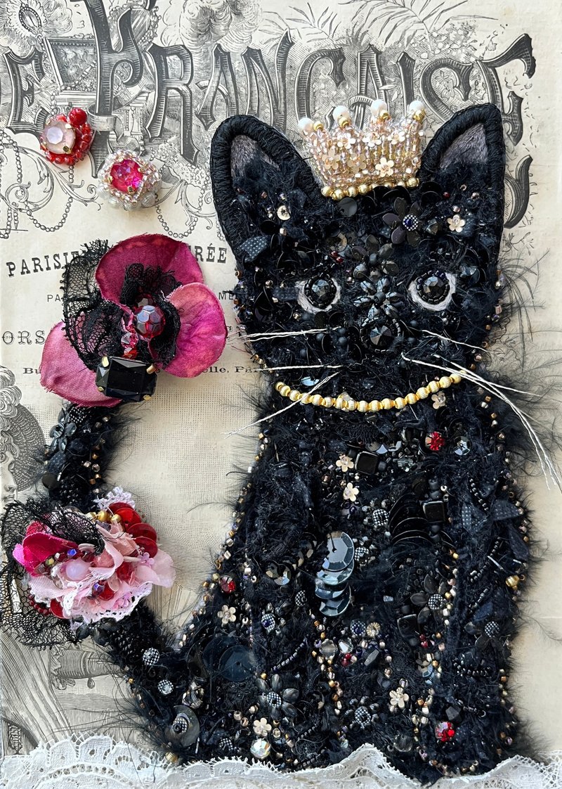 A framed bead embroidery art　  The black cat - Wall Décor - Thread 