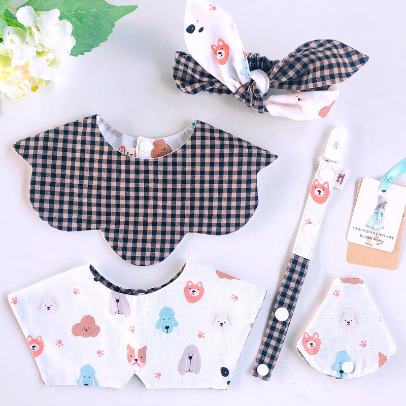 【Quick Shipping Available】Girl Treasure/Dog Plaid Double Sided Bib/Hairband/ Pacifier Chain/Miyue Gift Box - Baby Gift Sets - Cotton & Hemp White