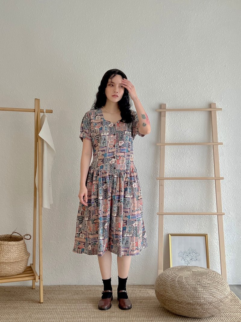 :: VINTAGE ::奏鳴序曲腰間繫帶古著洋裝 - 洋裝/連身裙 - 棉．麻 