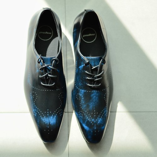 PUHU 彪琥 - 有型又好行的第一首選 MIT 【永不脫膠的尖頭紳士皮鞋-擦色藍】紳士鞋 牛津鞋 擦色皮鞋
