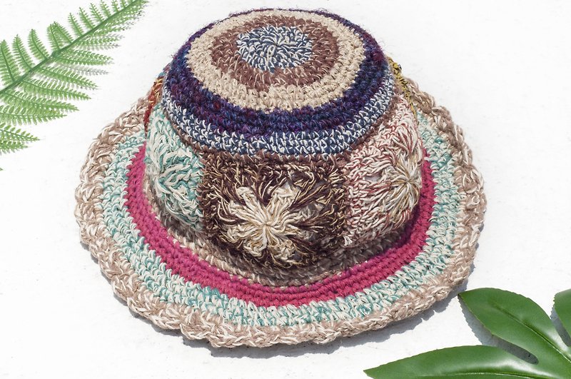 Hand-woven cotton knit cap hat cap Linen straw hat Alpine hat - iridescent line Sari - หมวก - ผ้าฝ้าย/ผ้าลินิน หลากหลายสี