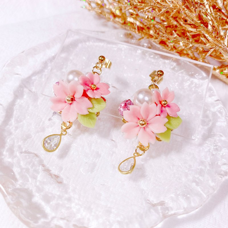 Pink cherry blossom earrings | clay earrings - Earrings & Clip-ons - Clay Pink