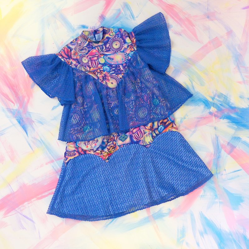 藍點刺繡拼插畫圖案蝙蝠袖連身裙 - 連身裙 - 聚酯纖維 藍色