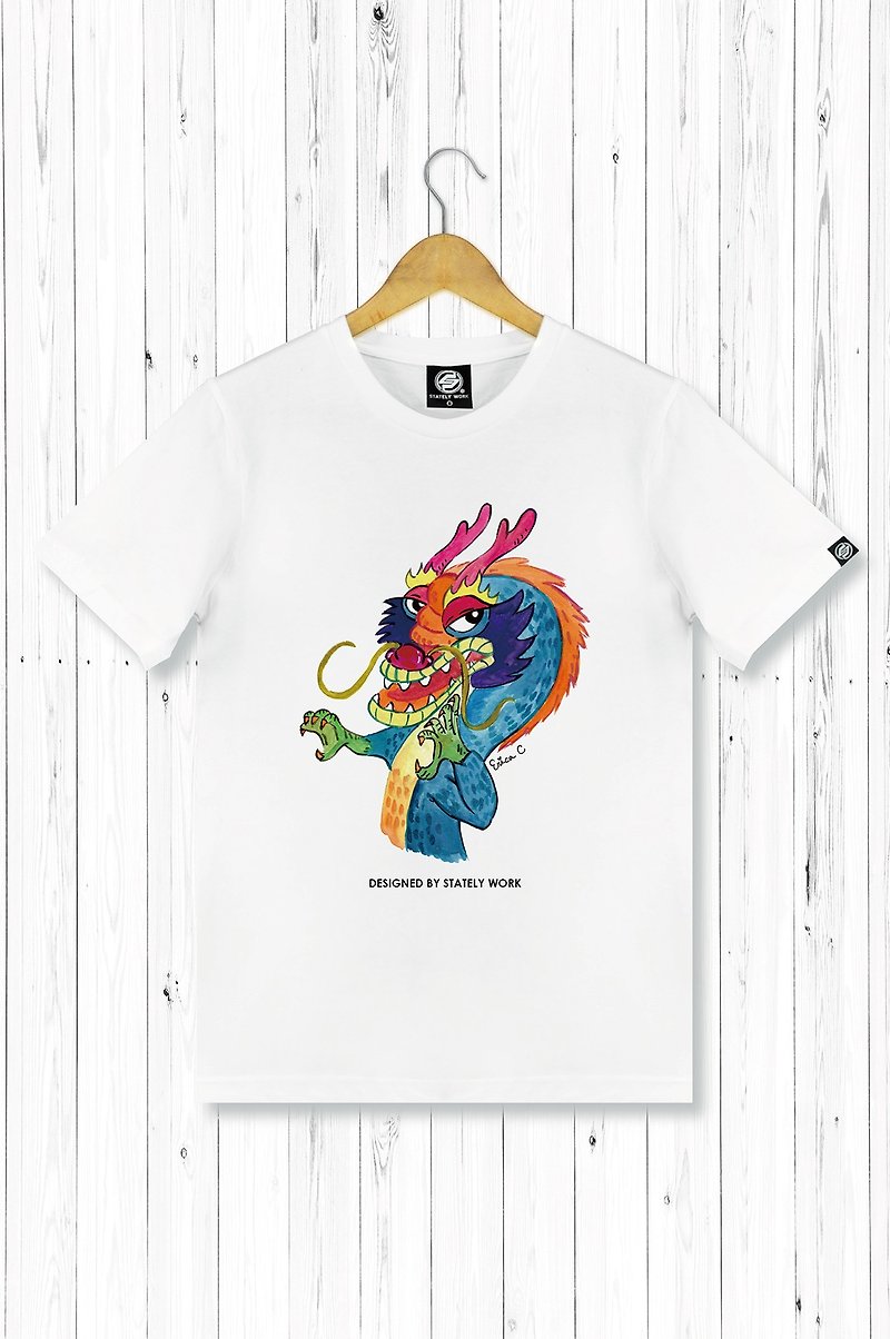 STATELYWORK World-weary Zodiac-Dragon-Male White T-shirt - Men's T-Shirts & Tops - Cotton & Hemp Multicolor