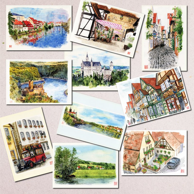 Set of 10 watercolor postcards / German scenery - การ์ด/โปสการ์ด - กระดาษ 