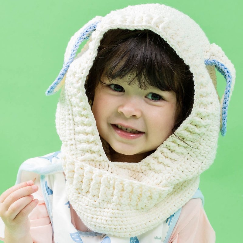 Cutie Bella hand-woven hooded neck circumference Sheep-Blue - หมวกเด็ก - ผ้าฝ้าย/ผ้าลินิน ขาว