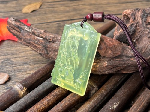 LifelikeDream Handmade 【一物一圖】天然岫玉 蜂蜜水 雕刻山水牌 吊墜 手編繩 項鍊