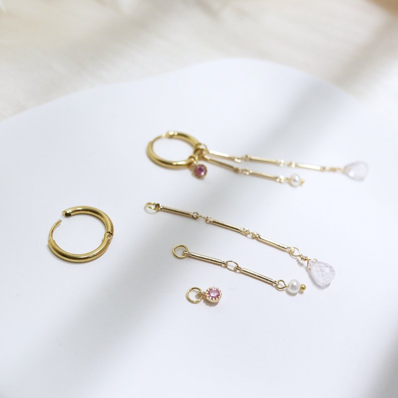 Earring series one powder crystal freshwater pearl natural stone earrings peach blossom - ต่างหู - เครื่องประดับพลอย สึชมพู