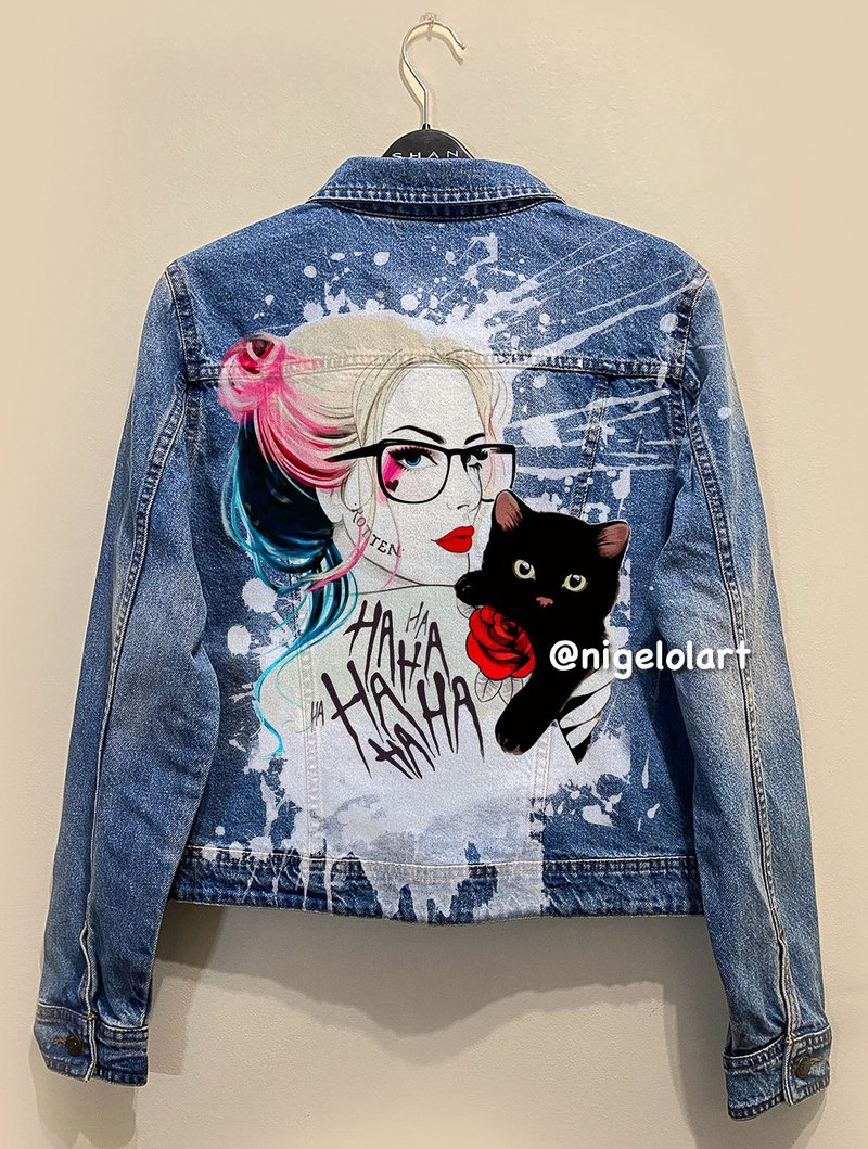 Painted Denim Jacket Handmade Custom Joker Dc Comics Harley Quinn - 女大衣/外套 - 棉．麻 多色