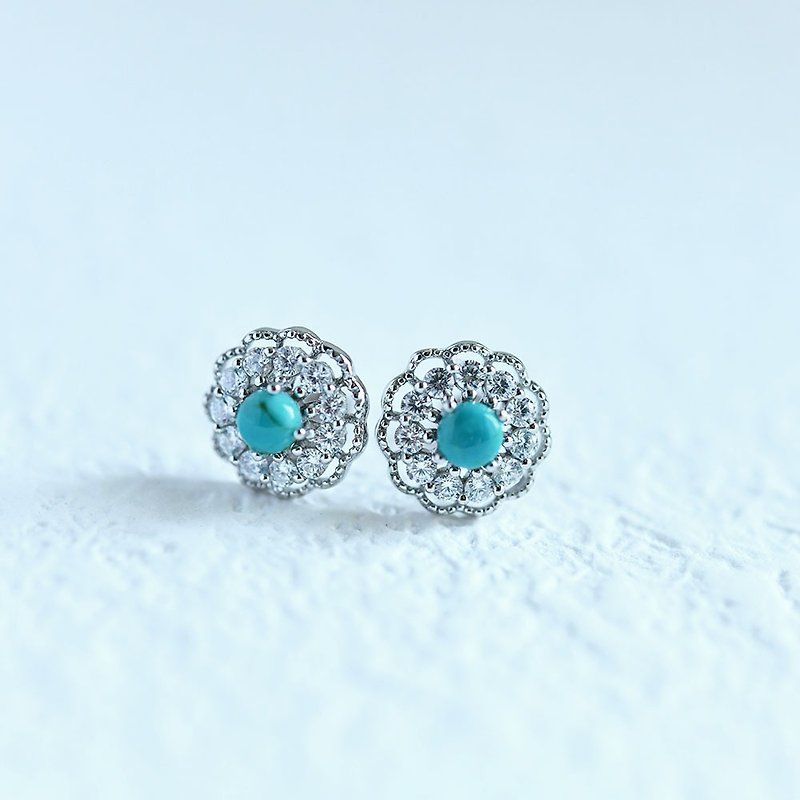 Sleeping Beauty Turquoise Flower Stud Earrings Clip-On December Birthstone