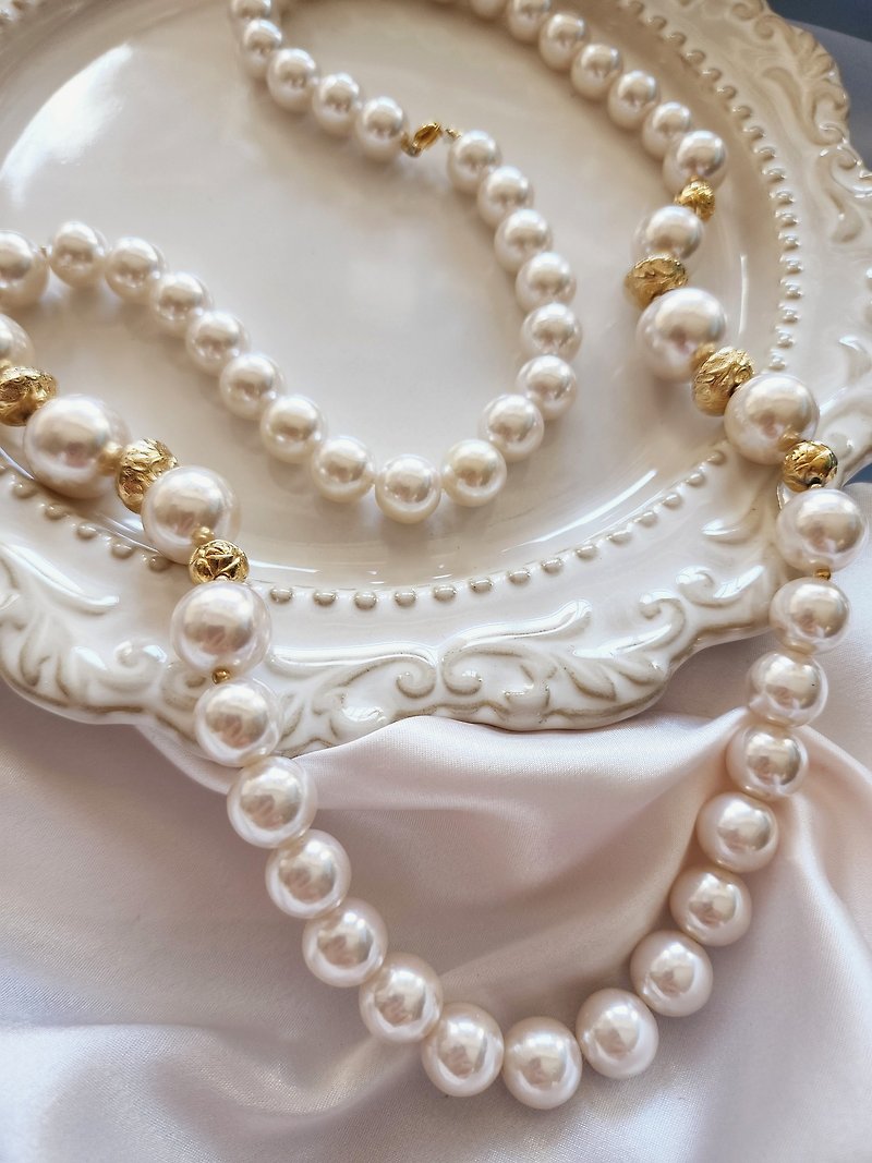 美國西洋古董飾品 / 玫瑰金球粉米白圓潤珍珠項鍊/復古珠寶首飾 - 長項鍊 - 其他材質 