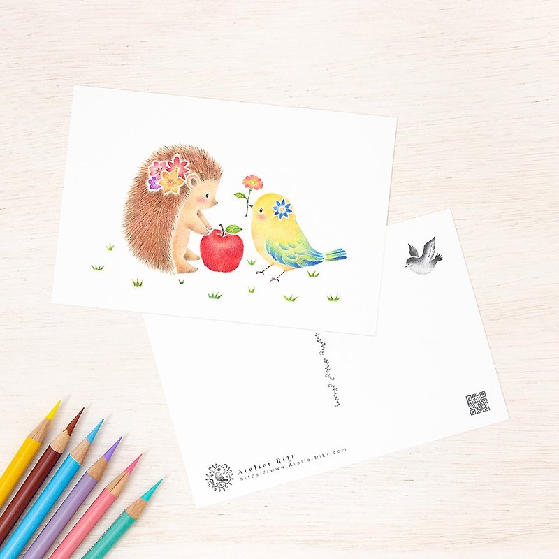 Set of 5 pieces. Like a picture book. Postcard "Friendly Hedgehog and Little Bird" PC-398 - Cards & Postcards - Paper Yellow