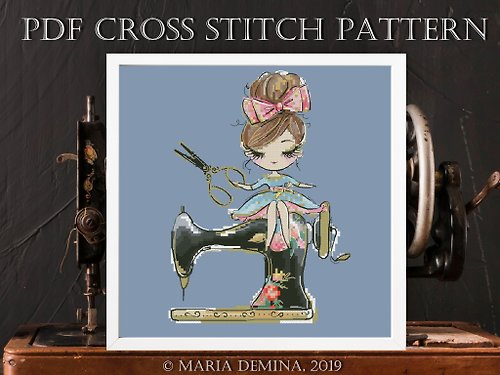 LittleRoomInTheAttic The Girl, Scissors and Sewing Machine PDF cross stitch pattern
