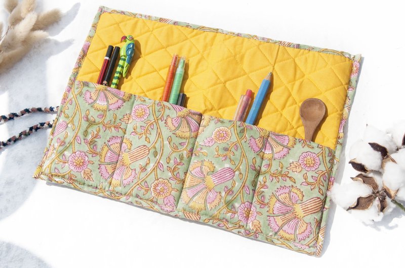 Woodblock Printed Roll-Up Pencil Case / Cutlery Pouch / Spring Roll Pouch / Makeup Bag / Makeup Brush Roll - Moroccan Woodblock Print - กล่องดินสอ/ถุงดินสอ - ผ้าฝ้าย/ผ้าลินิน หลากหลายสี