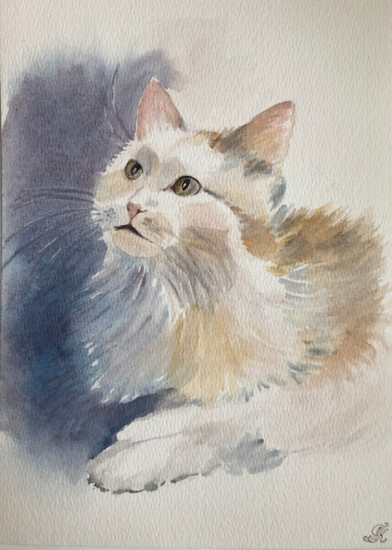 White Cat cute original watercolour painting pet animal portrait wall art - ตกแต่งผนัง - กระดาษ ขาว