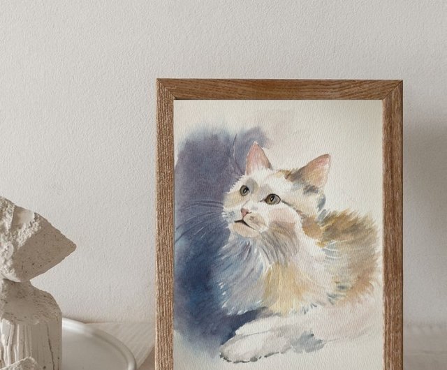 白猫かわいいオリジナル水彩画ペット動物ポートレート壁アート