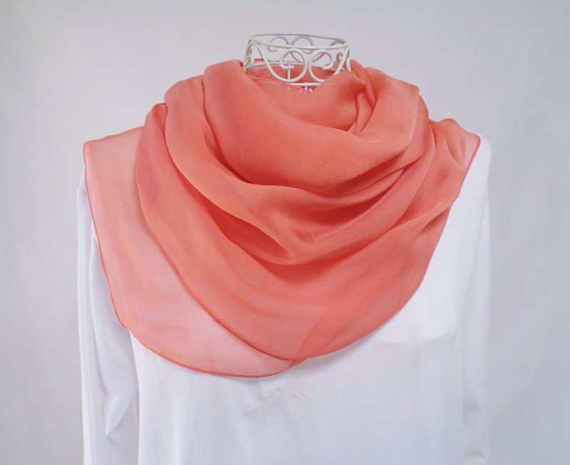 Vegetable dyeing, silk chiffon, large stole, madder dyeing, milky coral orange - Knit Scarves & Wraps - Silk Orange