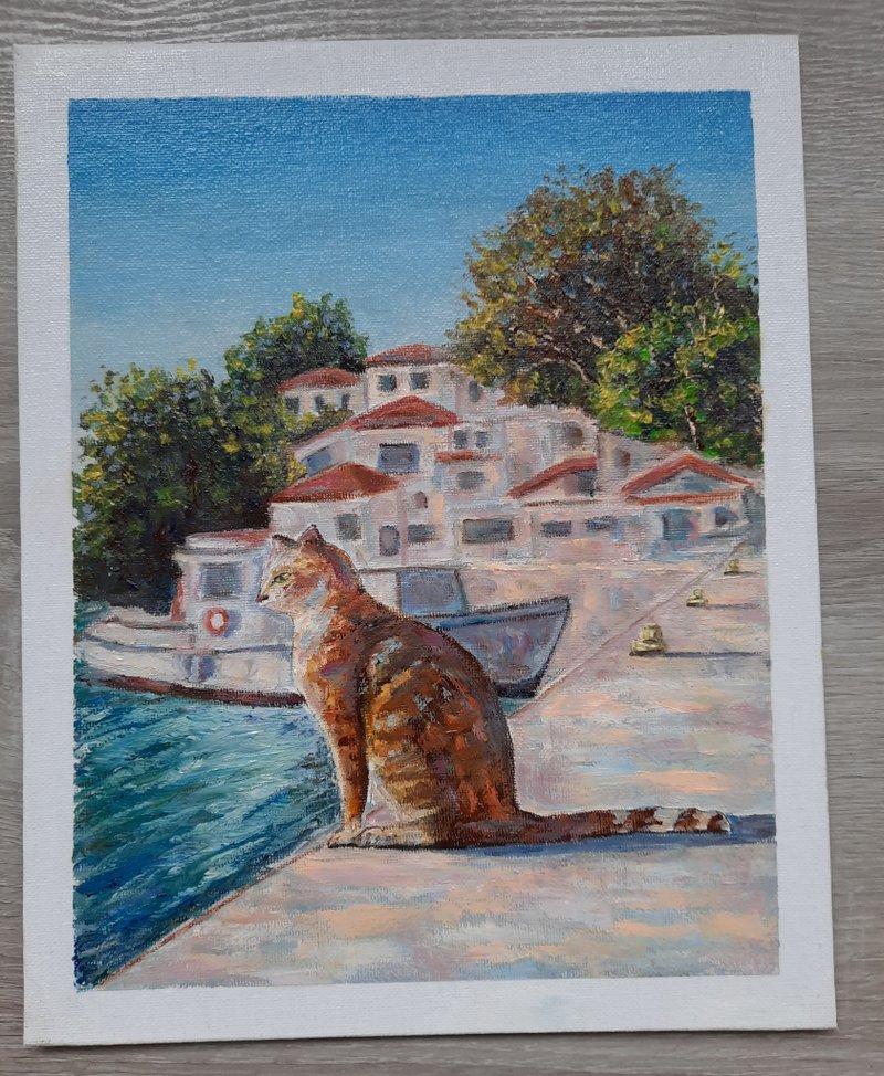 Cat in Greece oil painting, Cat waiting wall art, Mediterranean seaside town art - Wall Décor - Eco-Friendly Materials Orange