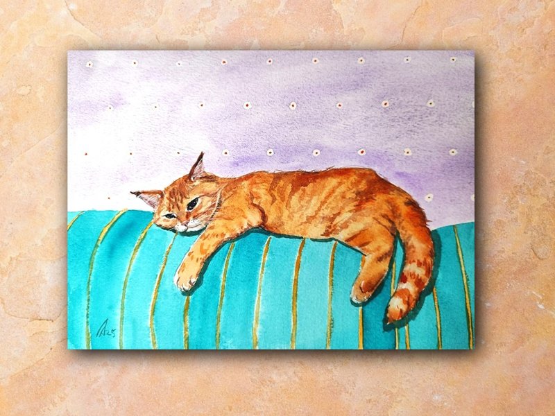 Orange cat painting original watercolor art pet artwork 21 by 29.7 cm - 海報/掛畫/掛布 - 紙 多色