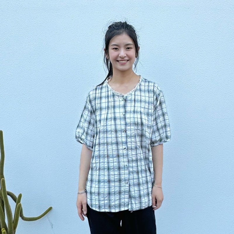 Hana Mokuba 花邊圓領格紋襯衫 - 女襯衫 - 其他材質 