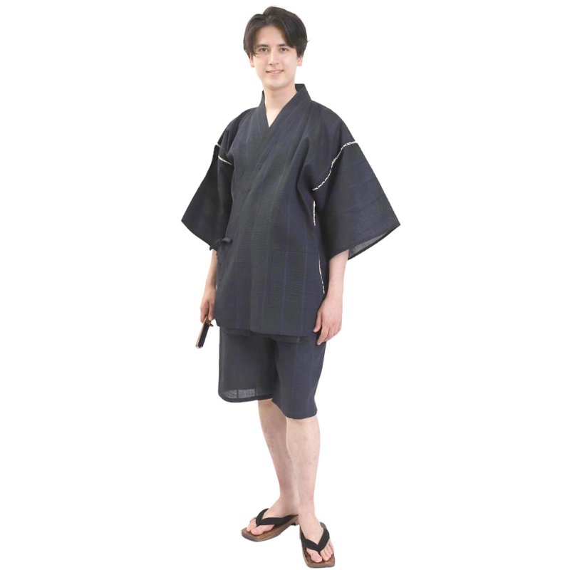 日本 和服 男士 綿麻 甚平 休閒服 睡衣 成套組 M L LL wn17 - 睡衣/居家服 - 棉．麻 藍色