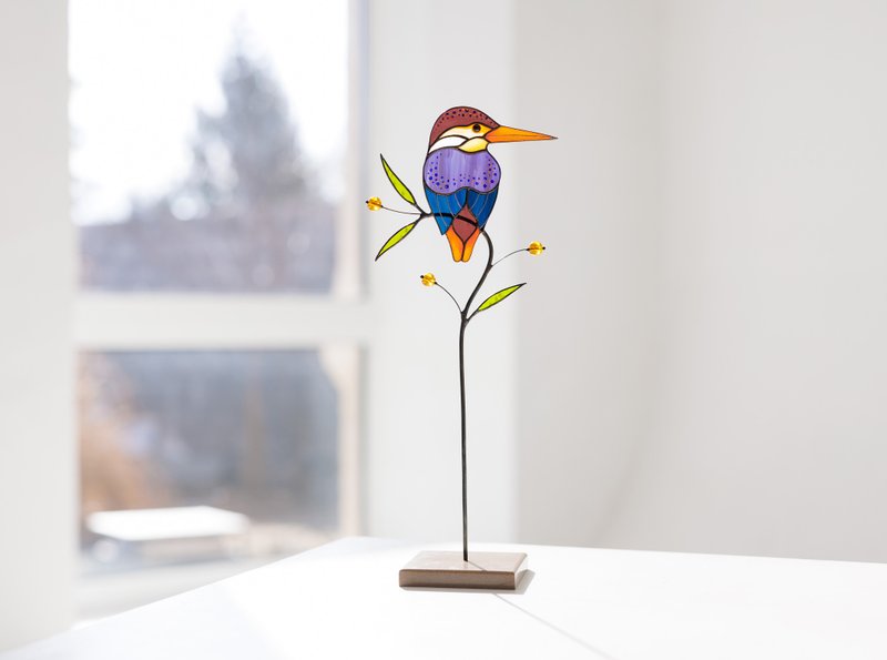 Stained glass Purple Kingfisher on a stone stand - ของวางตกแต่ง - แก้ว สีม่วง