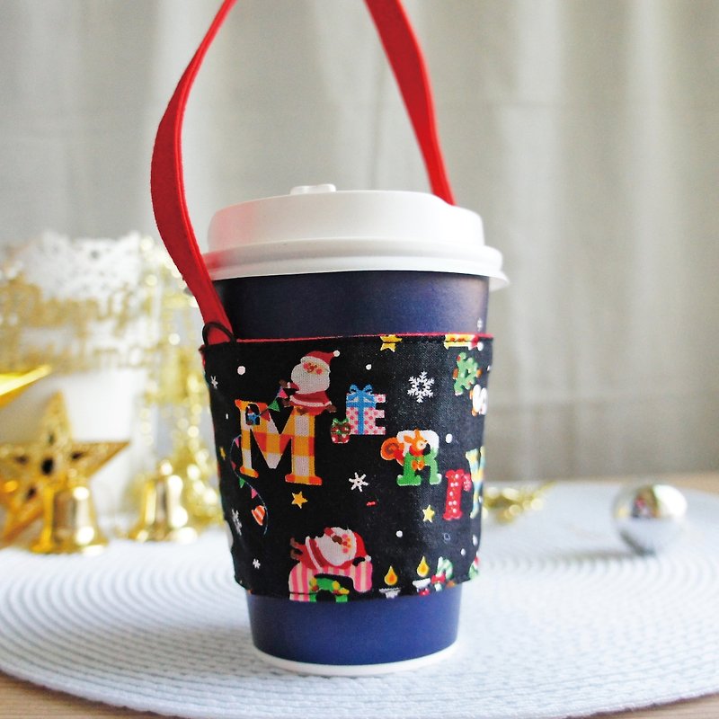 Lovely【日本布】Merry Christmas聖誕老人飲料杯袋、提袋、杯套 - 飲料提袋/杯袋/杯套 - 棉．麻 黑色