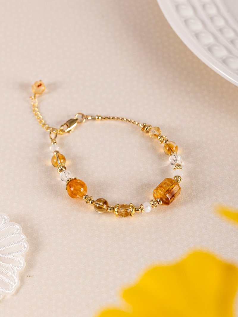 Sweet. Citrine Barrel Bead Yellow Gum Flower Moonstone 14K Gold-Plated Crystal Ore Bracelet - Bracelets - Crystal Yellow