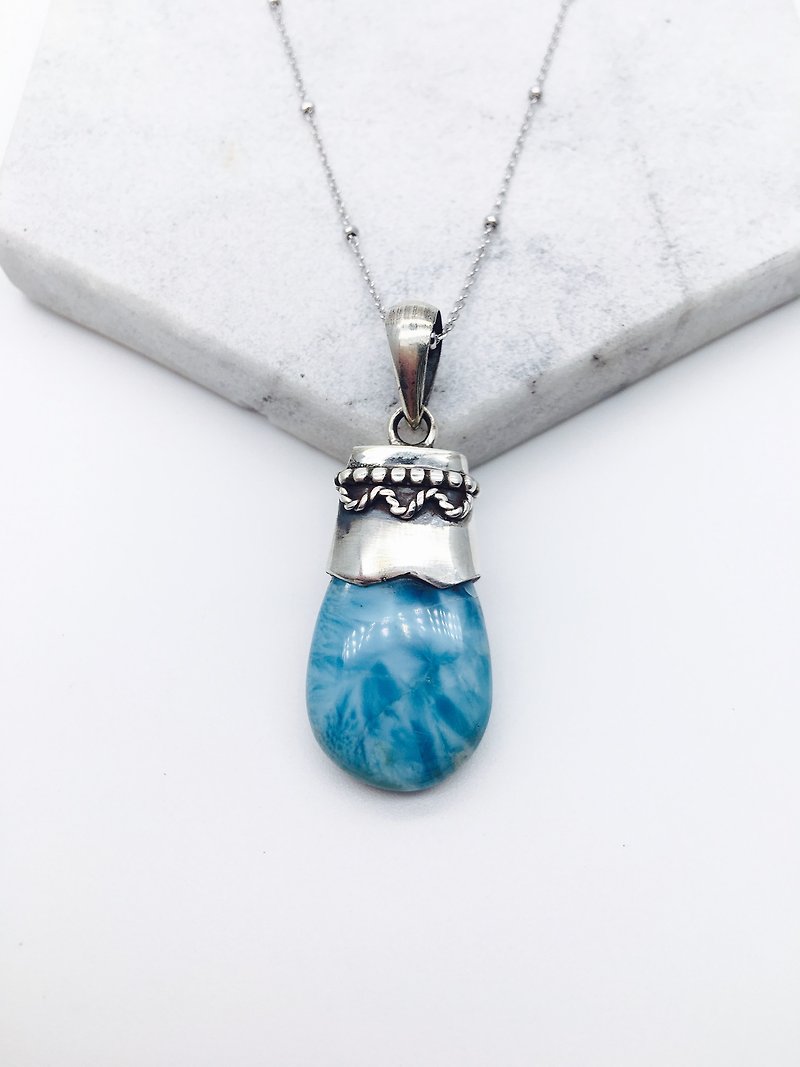 拉利瑪海紋石925純銀民族風項鍊 尼泊爾手工鑲嵌製作 款式1 - 項鍊 - 寶石 藍色