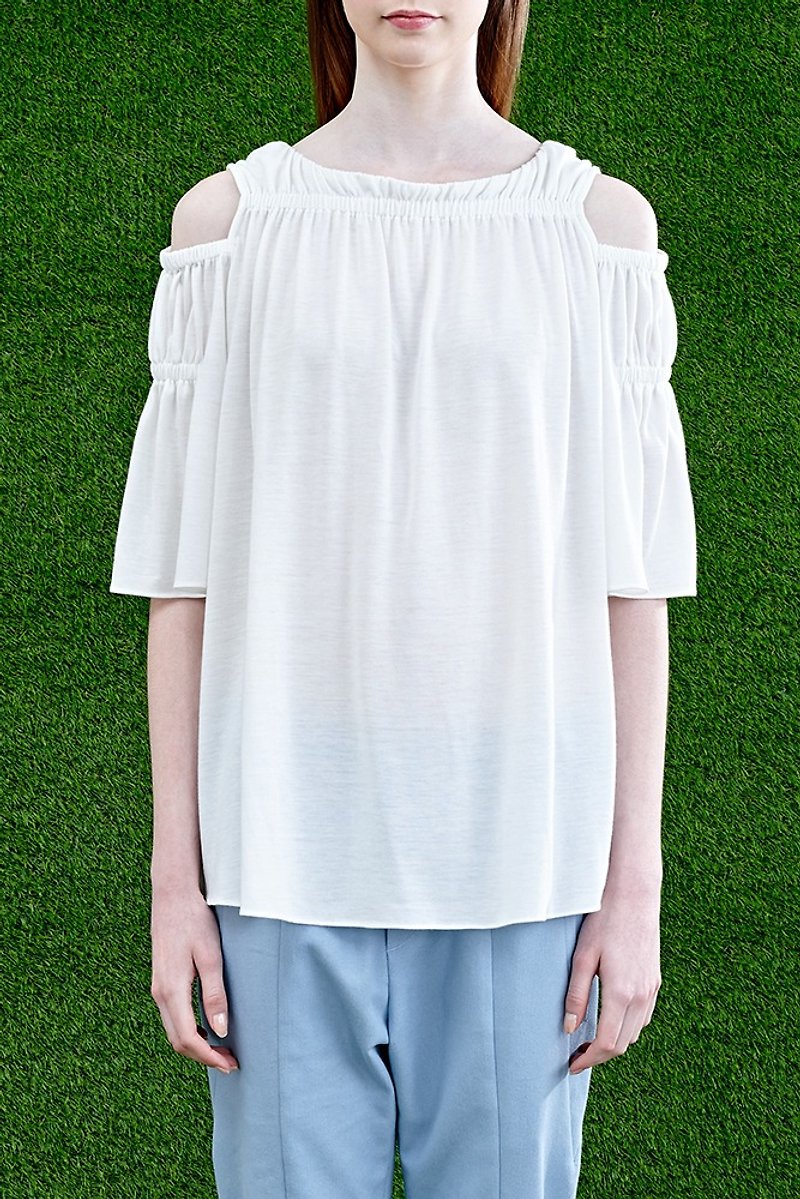 Clearance-White Pleated Knit Top - เสื้อผู้หญิง - ผ้าฝ้าย/ผ้าลินิน ขาว