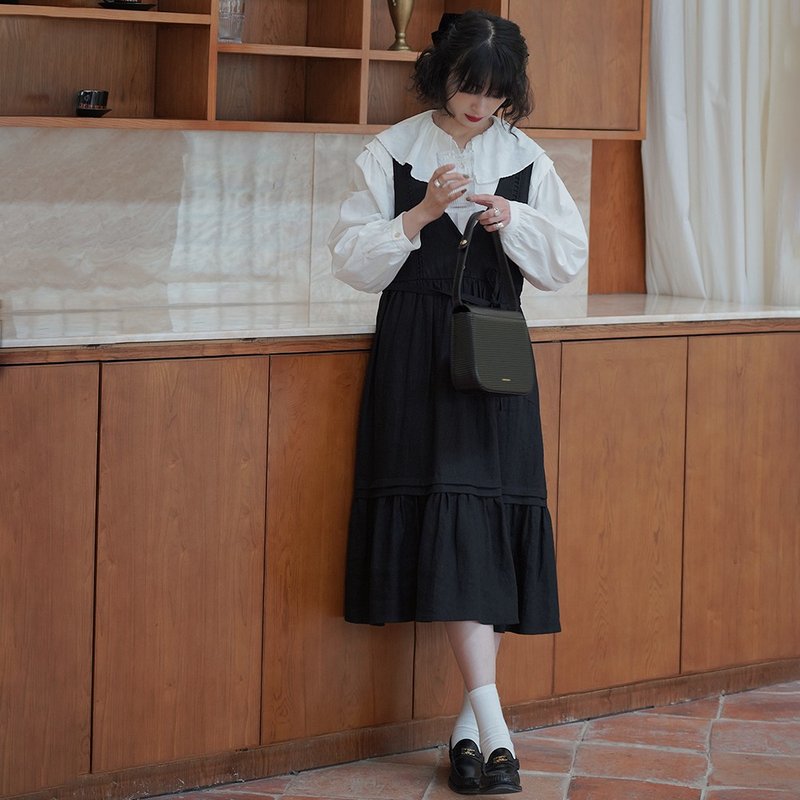 黑色V領系帶亞麻背心裙|洋裝|春款|亞麻|Sora-891 - 洋裝/連身裙 - 亞麻 黑色