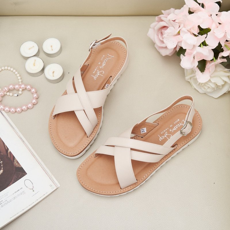 Air cushion_Cross strap thickened flat sandals off-white - Sandals - Genuine Leather White