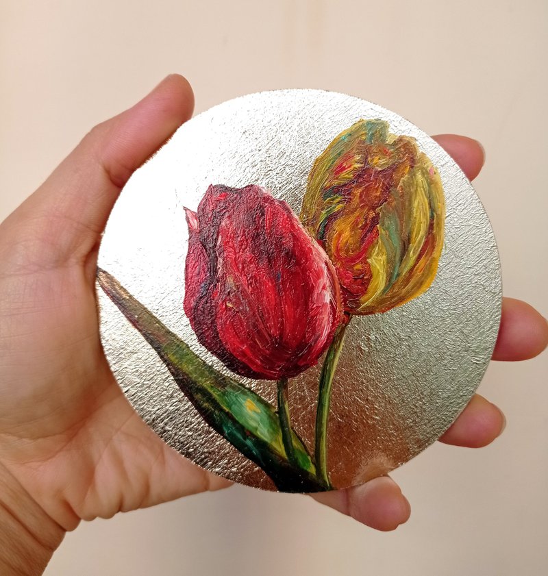 Tulip Flower Painting Gold Art Original Oil Painting Hand-painted Round Painting - Posters - Wood Gold