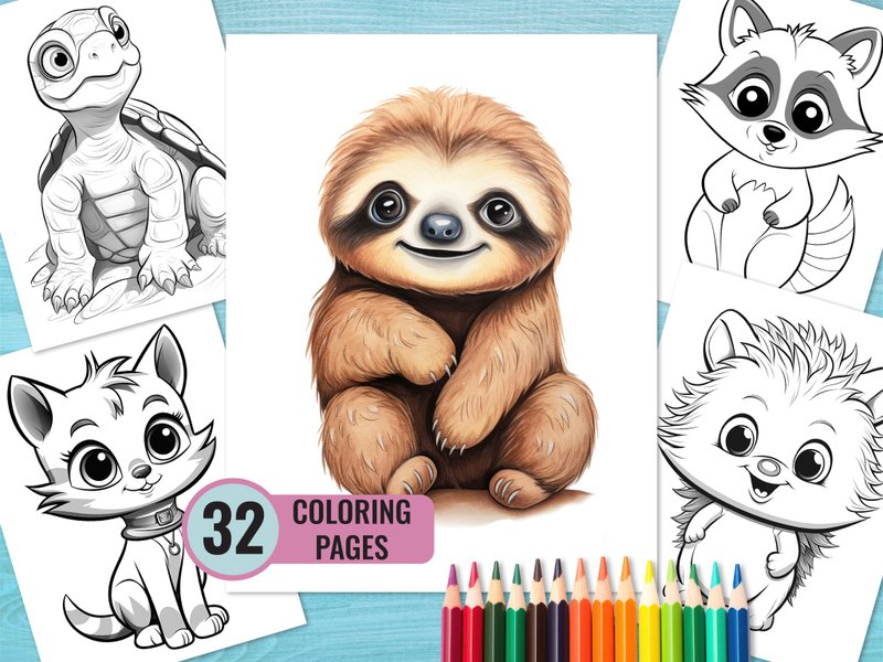 Cute Animals Coloring Book, 32 Printable PDF Pages for Kids, Cartoon Baby Animal - 電子似顏繪/繪畫/插畫 - 其他材質 