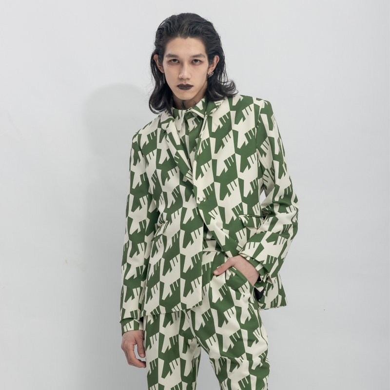 INF 烏鴉千鳥印花西裝外套 / 橄欖綠 - 男西裝外套 - 聚酯纖維 綠色