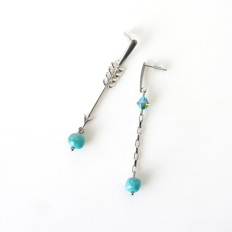 Turquoise Dangling Mismatch Earrings, Arrow Long Dangle Earrings - Earrings & Clip-ons - Semi-Precious Stones Green
