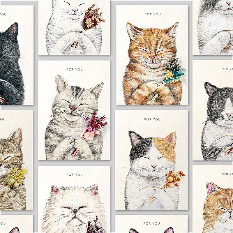 【16 Cat Cards】_ Warm hand-painted/dried flowers/universal cards/birthday/Valentine’s Day - การ์ด/โปสการ์ด - กระดาษ หลากหลายสี