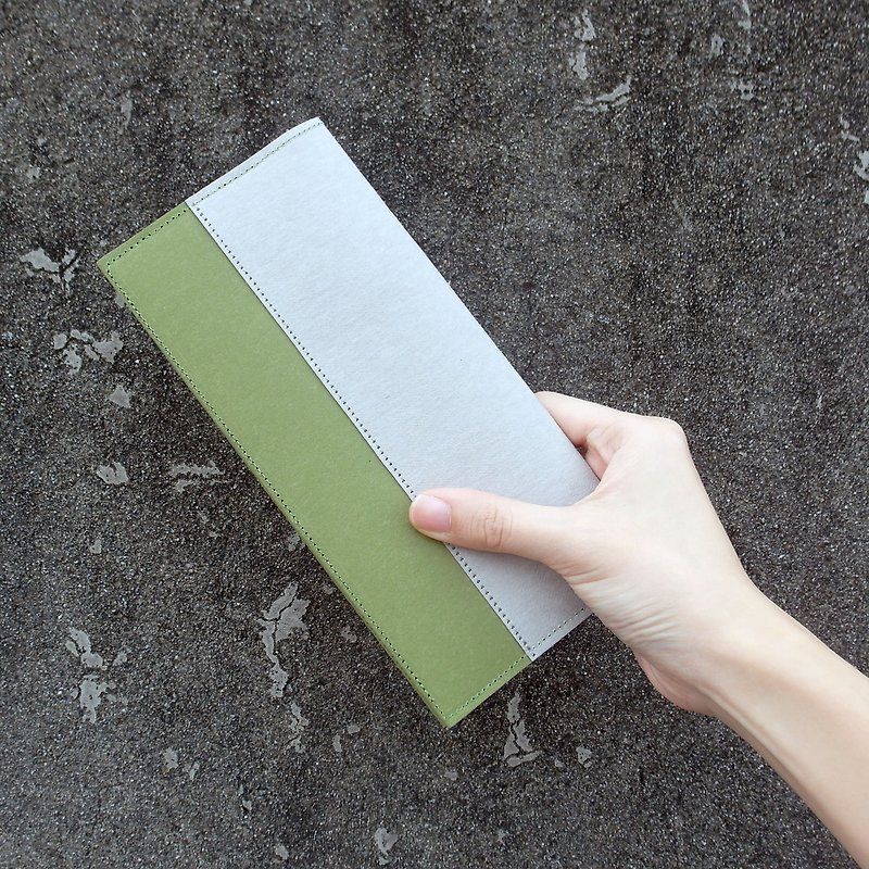 Green x Grey Washed Kraft Paper Clip Contrast Long Clip Wallet - Wallets - Paper Green