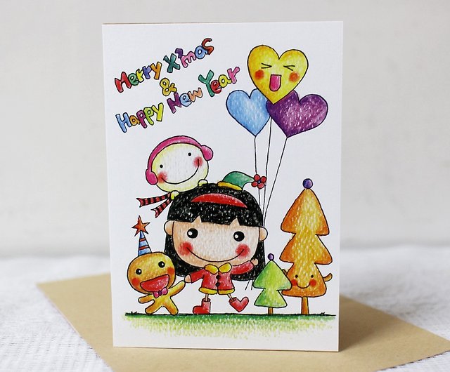イラストビッグカード クリスマスカード 年賀状 ガールバルーン ショップ Playgogo カード はがき Pinkoi