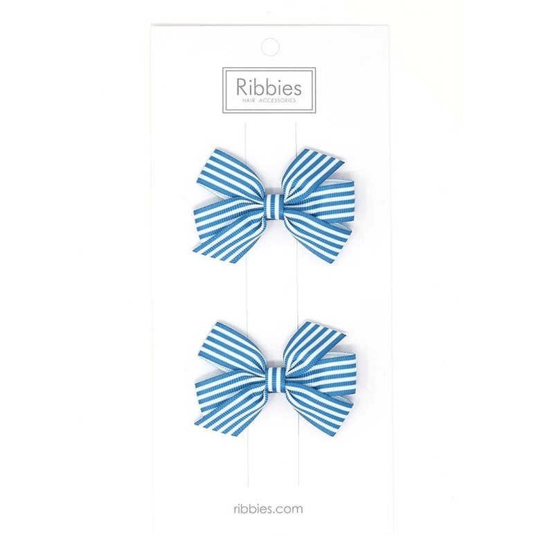 英國Ribbies 條紋中蝴蝶結2入組-土耳其藍 - 髮夾/髮圈 - 聚酯纖維 