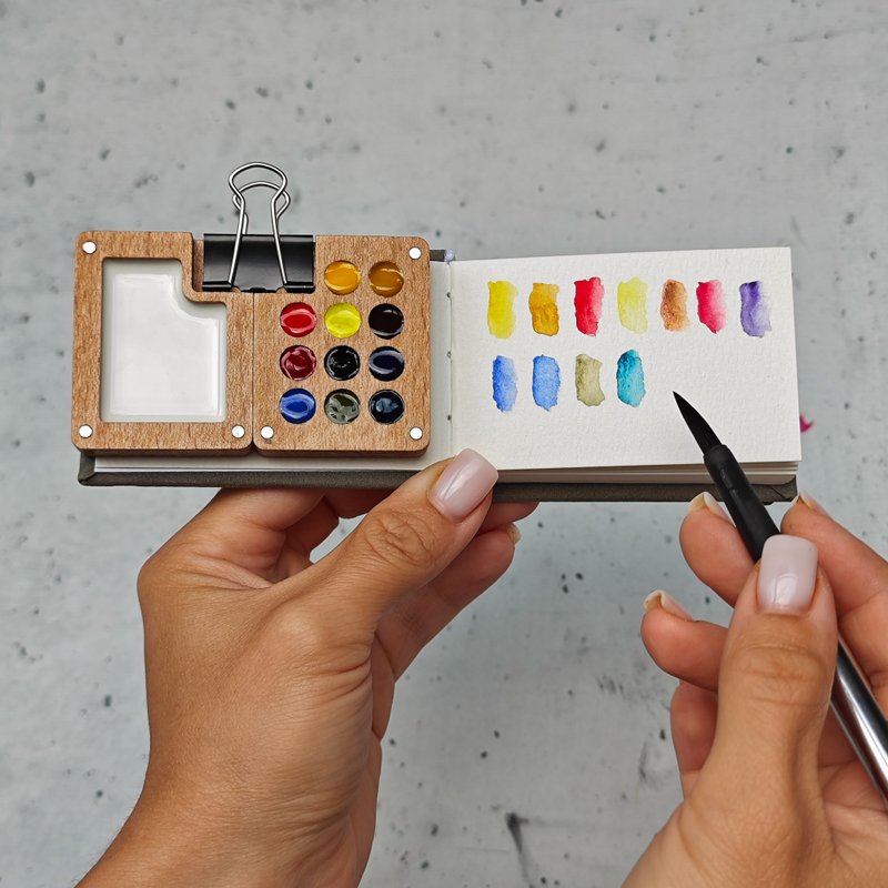 Wooden GO DRAW palette WITH watercolor sketchbook - 筆記本/手帳 - 紙 咖啡色