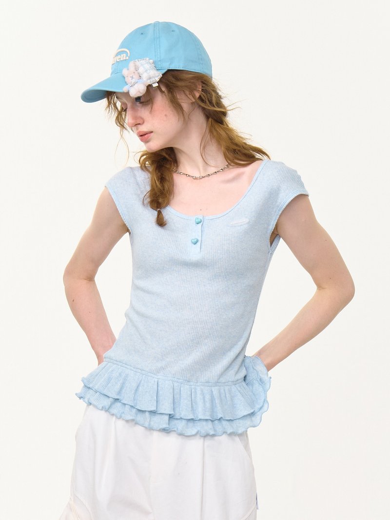 ziziFei夏新款美式復古設計感花邊下擺修身顯瘦上衣針織短袖t恤女 - 女 T 恤 - 其他材質 藍色