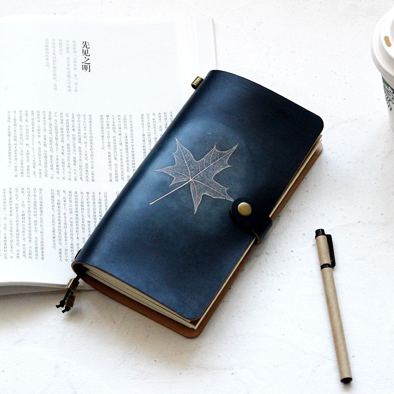 Maple Leaf Sea Blue Pocket Book Leather Notebook / Diary / Travel Book / Notepad can be customized - Notebooks & Journals - Genuine Leather Blue