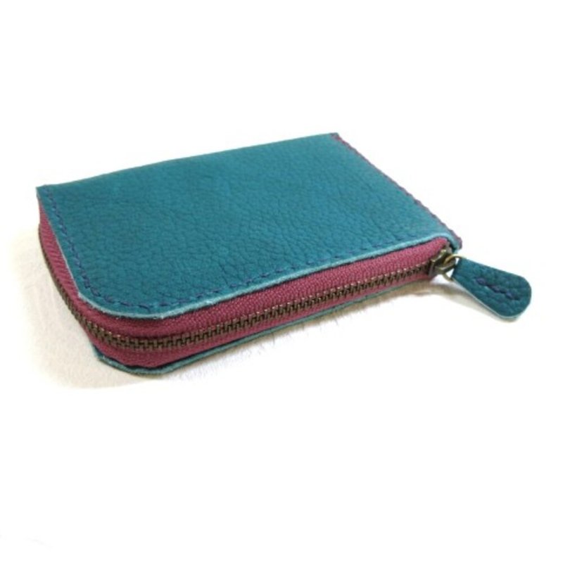 Cowhide, soft shrink, slim type, zipper, coin case, turquoise, 0005 - กระเป๋าใส่เหรียญ - หนังแท้ สีเขียว