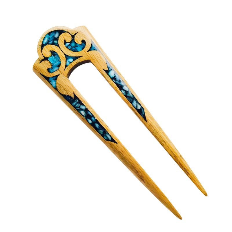 Hair clip, hair pin, carved wooden hair fork with blue stones, gift for her - 髮夾/髮圈 - 木頭 藍色