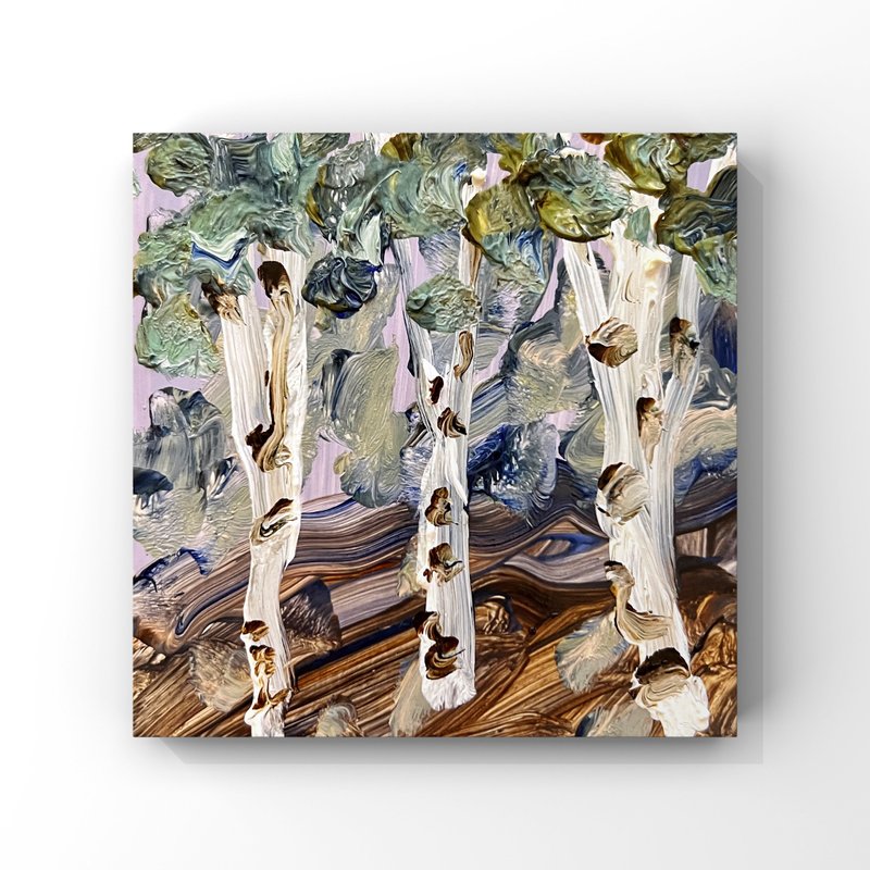 Original Oil Painting Birch Trees with Lilac Sky Abstract Textured Mini Art Tiny - 海報/掛畫/掛布 - 其他材質 多色