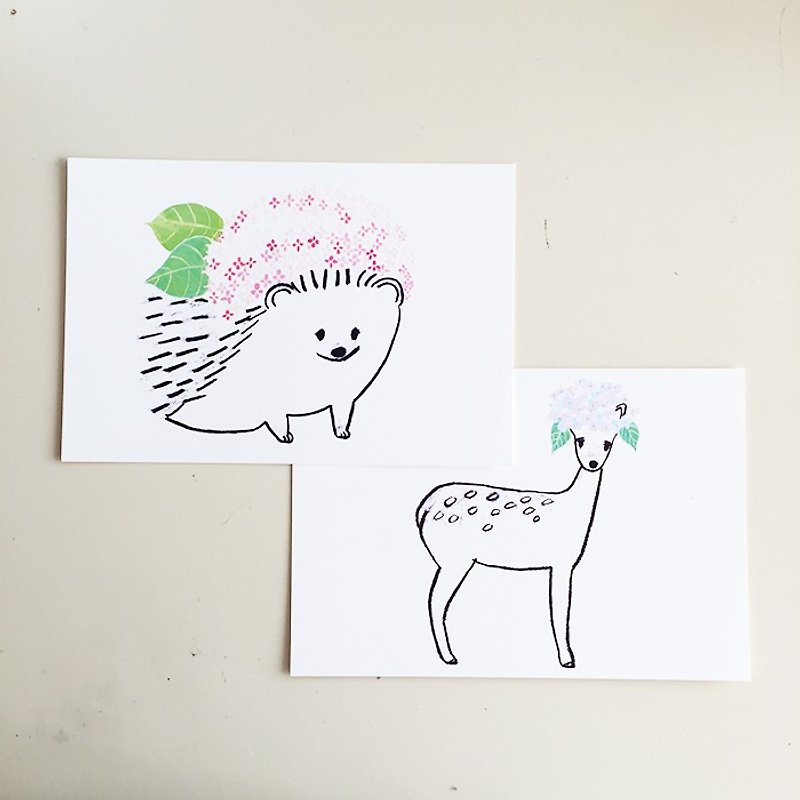 Hydrangea hedgehog & Hydrangea deer post card set - การ์ด/โปสการ์ด - กระดาษ ขาว