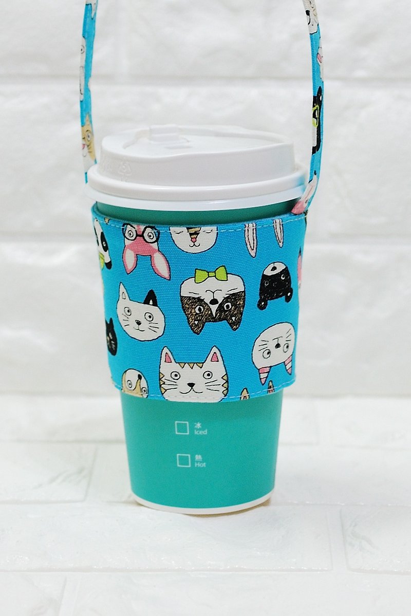 Play cloth hand made. Cute animal (blue) green beverage bag cup set - กระติกน้ำ - ผ้าฝ้าย/ผ้าลินิน สีน้ำเงิน