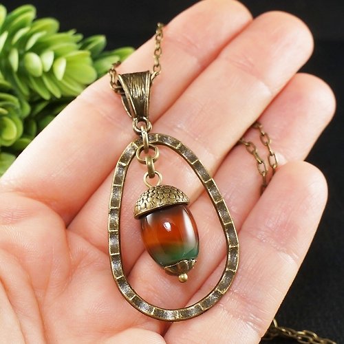 AGATIX Fire Red Orange Green Agate Acorn Forest Woodland Pendant Necklace Jewelry Gift