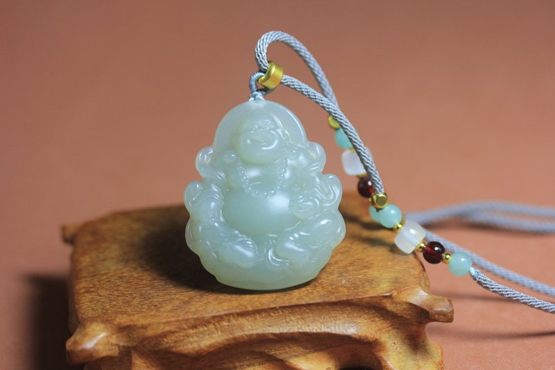 [Maitreya Buddha] Natural Hetian Jade Pendant/Big Belly Buddha Necklace/Smiling Jade Pendant/Handmade - สร้อยคอ - หยก สีเขียว